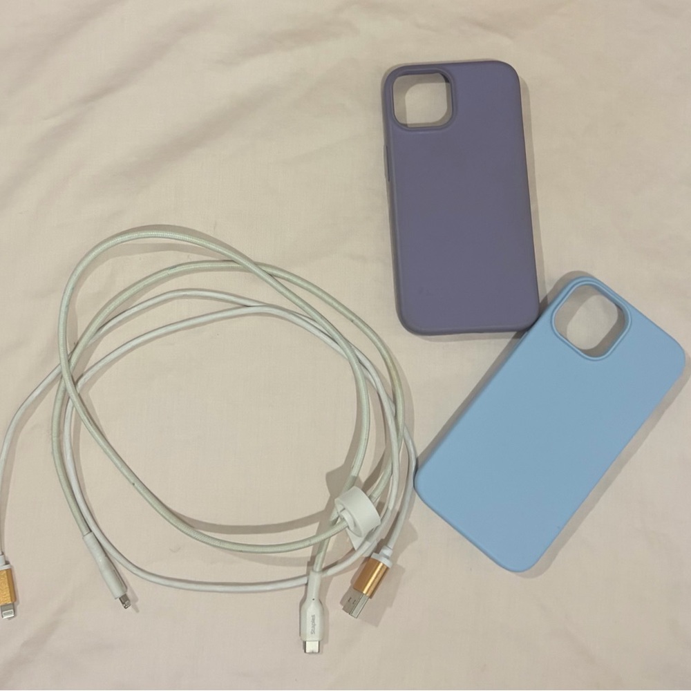 Purple and Blue iPhone 13 Cases with Charging Cables
